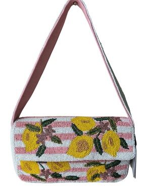 Viral America and Beyond Lemon Pink & White Stripe Beaded Shoulder Bag
